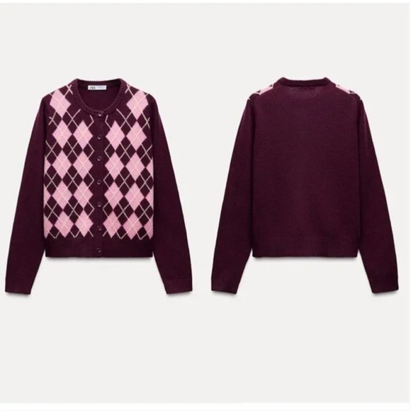 Zara Argyle knit cardigan 100% Wool NWT - Picture 8 of 9